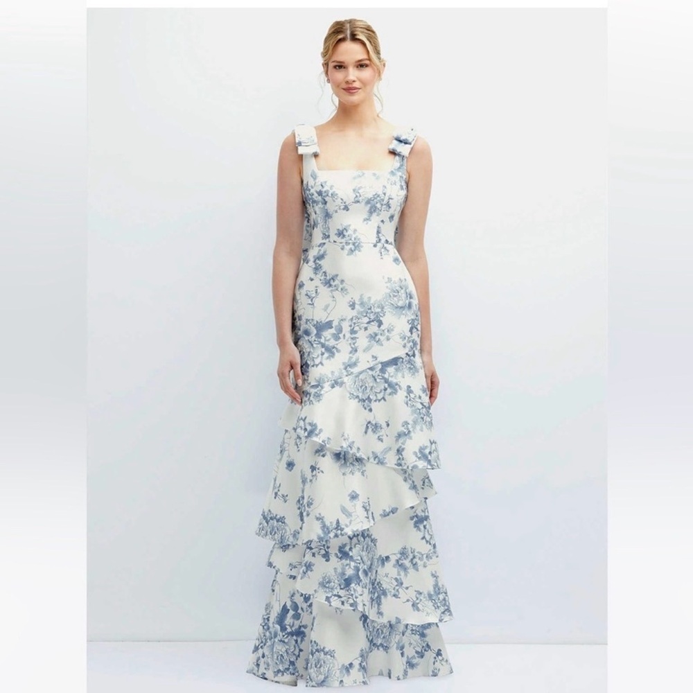 Dessy collection floral print ruffle sleeves satin midi dress brand new withtags